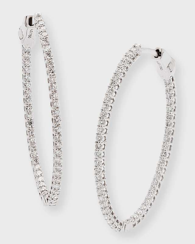 18k White Gold Diamond Hoop Earrings, 1.5tcw, 1.25"L